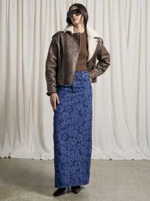 AiiRZ 复古花卉印花高腰超长牛仔裙直筒廓形长款冬秋春休闲直筒A字复古风格压花激光设计时尚