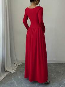 Selianne 女士方领长袖收腰 A 字下摆连衣裙新年衣服长款女装 - 紅色 - 查看 2