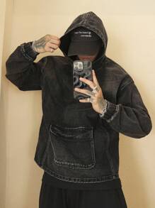 Manfinity Roghcode Men's Casual Denim Jacket With Hood And Pockets, Long Sleeve, For Autumn - Black - View 1