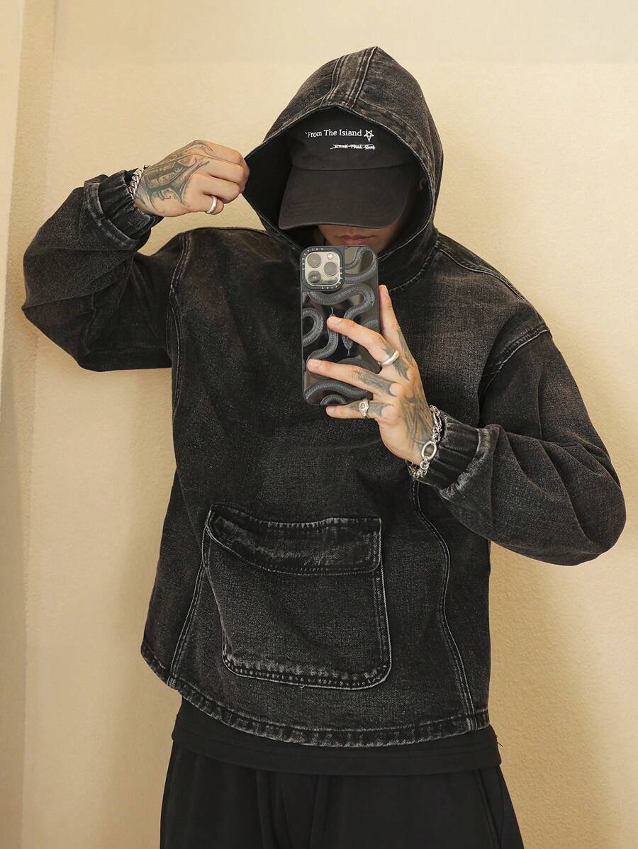 Manfinity Roghcode Men's Casual Denim Jacket With Hood And Pockets, Long Sleeve, For Autumn - Black - View 1