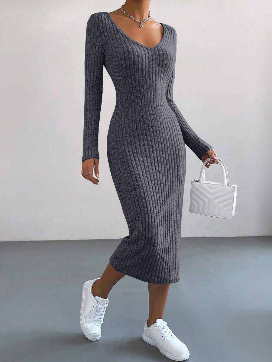 SHEIN Essnce Đầm midi dáng ôm cổ chữ V tay dài màu trơn cho nữ, mùa thu - Màu xám đen - Xem 1
