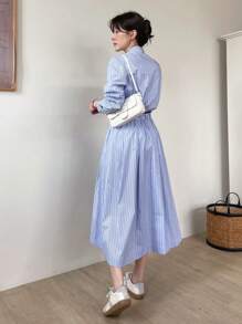 女士长袖衬衫和条纹裙两件套家居服套装 - 藍色 - 查看 7