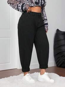 Firerie Blugi cu talie înaltă, negri, conici, 7/8, cu lungime relaxată, pentru femei, cu talie înaltă, cu detalii pliate, pantaloni cu tiv rulou S Pantaloni casual pentru navetă