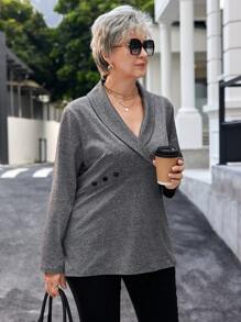 EMERY ROSE 加大码外出上衣女式纯色披肩领长袖闪亮 T 恤，女士冬季服装 - 灰色 - 查看 7
