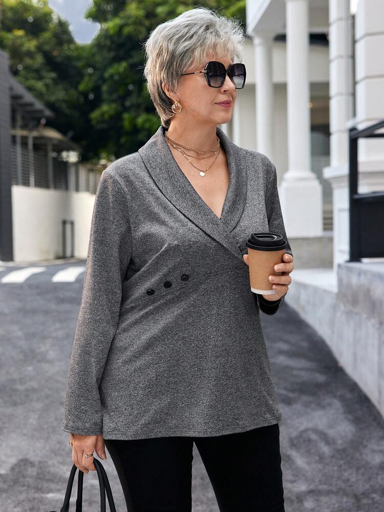 Plus Size Going Out Tops Women Solid Color Shawl Collar Long Sleeve Sparkly T-Shirt, Winter Clothes For Women