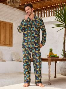 Manfinity ChillVibe Conjunto de pijama de hombre con top de cuello de solapa de una hilera y pantalones con estampado de plantas - Verde Oscuro - Ver 7