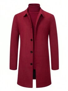 Manfinity Mode 男士纯色前扣商务休闲夹克，秋冬 - 酒紅色 - 查看 1