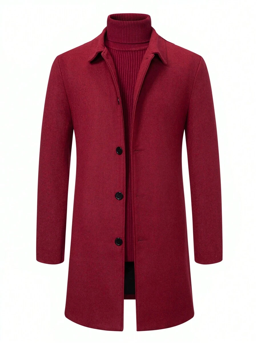 Manfinity Mode 男士纯色前扣商务休闲夹克，秋冬 - 酒紅色 - 查看 1