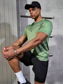 Manfinity Fitness Áo thun thể thao tay ngắn in chữ lưới thường ngày phong cách bạn trai dành cho nam, mùa hè - màu xanh lá - Xem 5