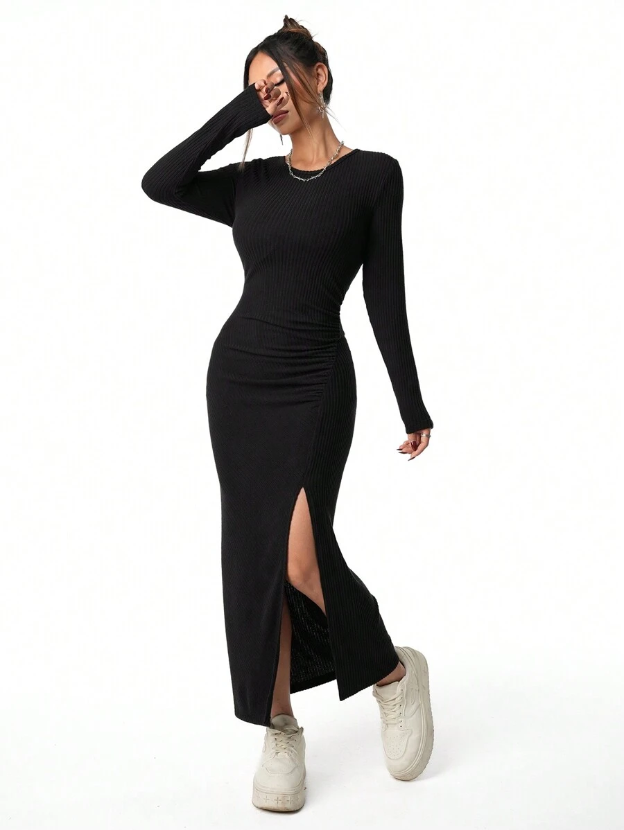 Elegant Casual Black High Slit Long Dress, Pleated Velvet Fabric, Suitable For Family Gathering, Autumn/Winter, Teenage Girls