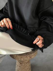 FRIFUL Sudadera holgada de manga larga con cuello redondo y hombros caídos, con paneles de malla y bajo con volantes, para otoño/invierno - Negro - Ver 6