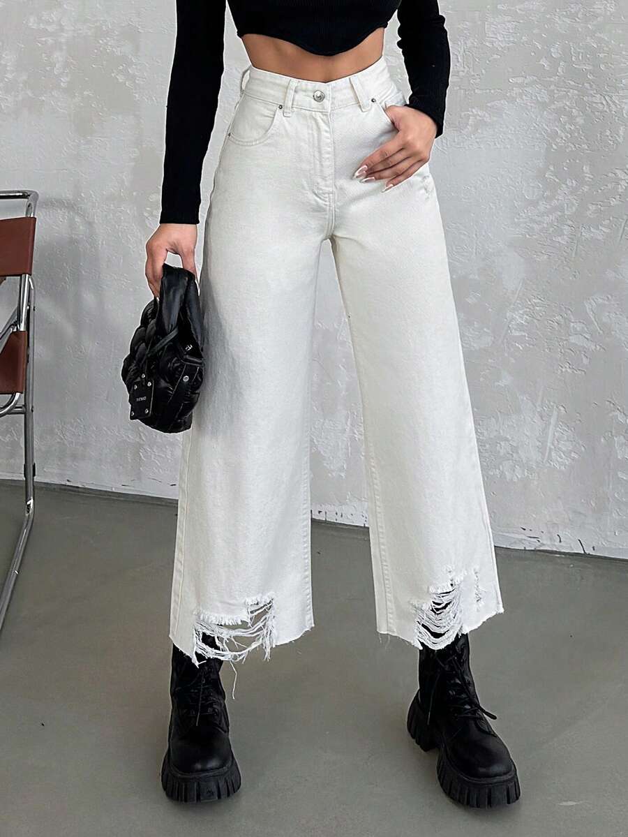 Cottnline Quần jean ống rộng rách - Màu be - Xem 1