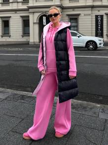 EURMUSE BLACK WINTER WOMEN COAT WITH PINK LINEN DETAIL - Black - View 4