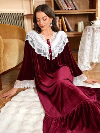 PalaceNights Camisón de mujer con cuello Mao de estilo palaciego vintage, con encaje de terciopelo, botones de perlas falsas y apertura frontal semi-abierta, suave y acogedor para otoño e invierno