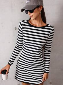 Flirla Vestido mini casual de mujer de manga larga y cuello redondo a rayas, para otoño