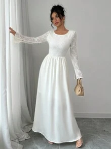 Elenzga Vestido de cóctel elegante de color albaricoque para mujer, para fiesta, boda, vestido de alto nivel con mezcla de encaje, espalda abierta, de seda y satén, corte evasé