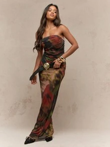 MISSGUIDED Printed Mesh Ruched Bodycon Bandeau Maxi Dress - Multicolor - View 1