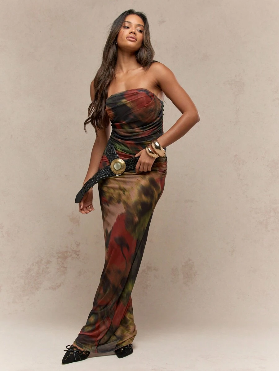 MISSGUIDED Printed Mesh Ruched Bodycon Bandeau Maxi Dress - Multicolor - View 1