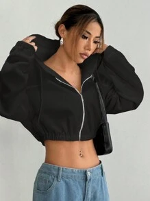 StreetHx Women Casual Zip-Up Short Hooded Jacket, Autumn Fall Winter Cloth For Women - Black - View 6