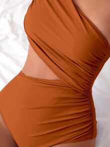 Vaytide Bộ đồ bơi một mảnh hở lưng không đối xứng màu trơn đi biển mùa hè dành cho nữ - Đồng - Xem 7