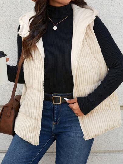 SHEIN LUNE 加大码带帽加厚羽绒背心外套，带口袋，保暖加厚，新年假日保暖外套