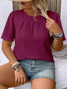 EMERY ROSE Plus Size Casual Solid Color Pleated Puff Sleeve Shirt For New Year Clothes - Red - View 4