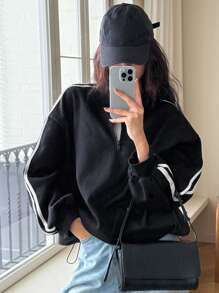 DAZY 女式马球领半襟休闲运动风格撞色拼接宽松运动衫 - 黑色 - 查看 2