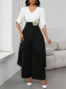 SHEIN Lady 女士时尚优雅休闲通勤 3D 花卉装饰不对称下摆黑色连体裤 - 彩色 - 查看 9