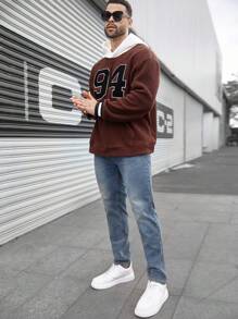 Manfinity Homme Sudadera con capucha informal de talla grande para hombres con bordado de letra y contraste de colores para otoño/invierno - Marrón - Ver 5