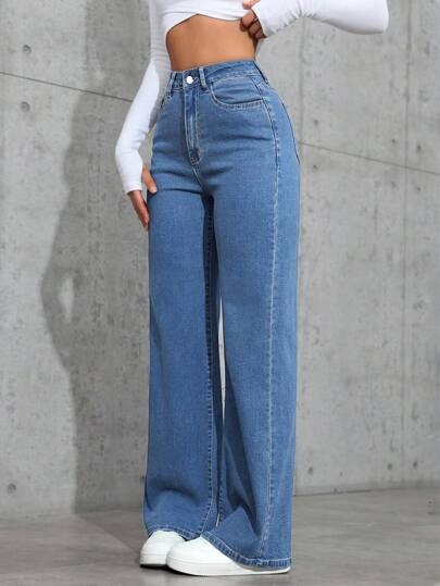 SHEIN ICON Casual Washed Minimalist High Waist Straight Leg Jeans Y2k