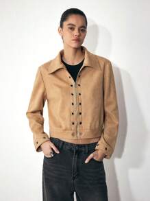 Maija 女式棕色金属点缀休闲简约纯色长袖复古夹克，秋冬 - 卡其色 - 查看 5