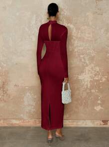 SHEIN BAE Váy dài tay không dây xương cá màu trắng, váy thanh lịch cho phụ nữ vào mùa thu - Màu Đỏ Sâu - Xem 2