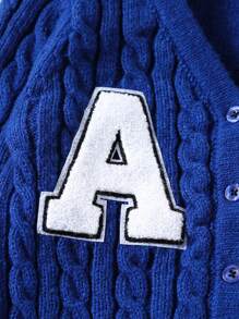 SHEIN Young Boy V-Neck Cable Cable & Letter Applique Button Front Long Sleeve Cardigan - Royal Blue - View 7