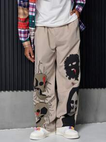 PAVTROS 男士成熟街头骷髅图案印花宽松阔腿休闲裤，长款宽松休闲裤，适合老公、男朋友的礼物 - 米色 - 查看 3