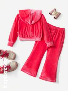 SHEIN 2 件套女孩刺绣字母天鹅绒柔软有弹性运动休闲装，时尚舒适 - 粉色 - 查看 10