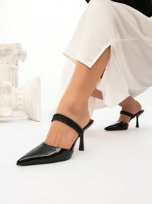 CUCCOO CHICEST Commuting Elegant Daily Demeanor Black Patent Leather Crystal Embellished Pointed Toe High Heels For Christmas And New Year Holiday Vibe Fall And Winter - Black - View 5
