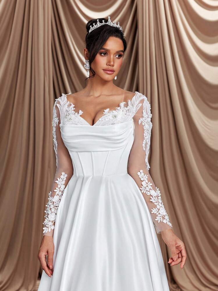 Glamrae Elegante, hermoso y lujoso vestido de novia de satén beige con mangas largas transparentes, bordado de cristales y perlas falsas, aplicaciones de encaje, volantes en el bajo y tren desmontable, adecuado para bodas, fiestas, vacaciones, vestidos de novia, novia, para el Día de San Valentín - Beis - Añade 2