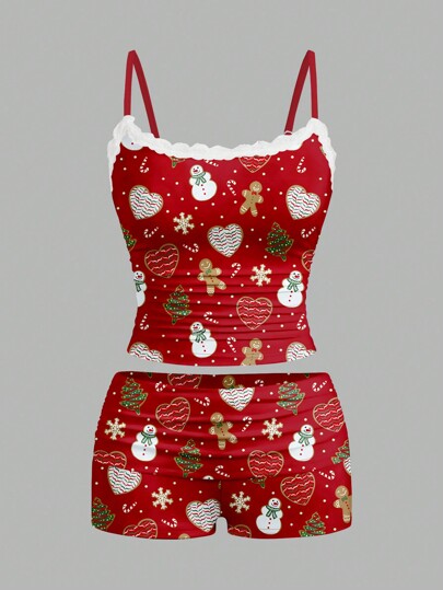 Polina Brazil Künstlerisch gestaltetes Weihnachtsmotiv mit Schneemann, Herz, Lebkuchen Grafik, sexy mit Spitze besetztes Camisole Top und Shorts 2-teiliger Damen Outfit, Urlaub, Ausgehen, Festival, Ibiza-geeignet