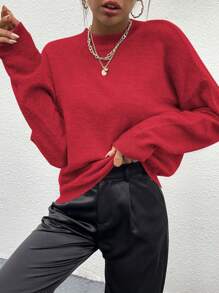 SHEIN Unity 女士宽松针织毛衣，休闲套头衫，纯色毛衣，新年秋冬款 - 紅色 - 查看 1