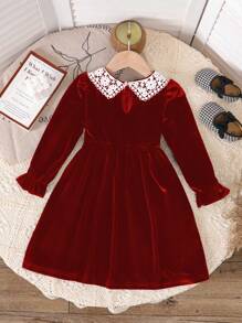 1 Peça Vestido de Veludo Preto de Manga Longa com Babado no Colarinho, Estilo Casual Jovem, Adequado para Outono/Inverno - Vermelho - Visão 2