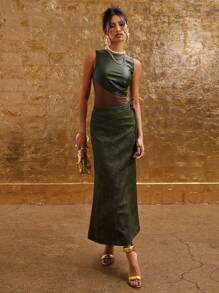 COSMINA Bộ đồ liền thân không tay lưới thanh lịch dành cho nữ, mùa thu - xanh quân đội - Xem 4