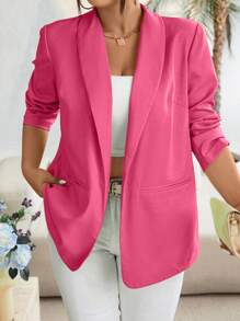 Celure 大码纯色披肩领长袖口袋休闲西装上衣 - 玫紅色 - 查看 1