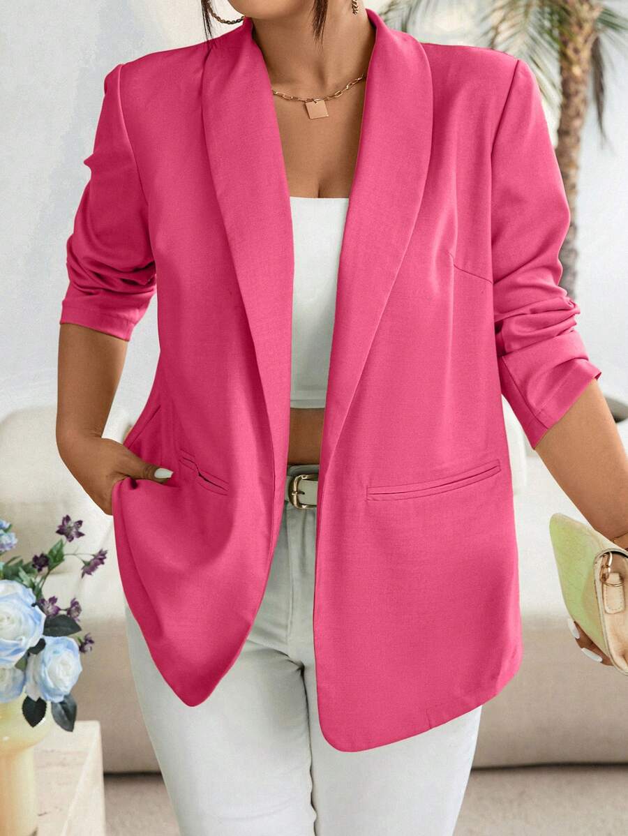 Celure 大码纯色披肩领长袖口袋休闲西装上衣 - 玫紅色 - 查看 1
