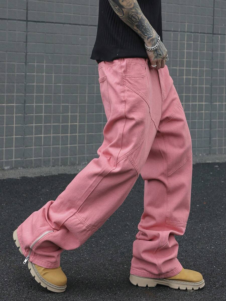 Manfinity EMRG Men's Casual Loose Fit Solid Color Wide Leg Jeans, Belts Not Included - Pink - View 1