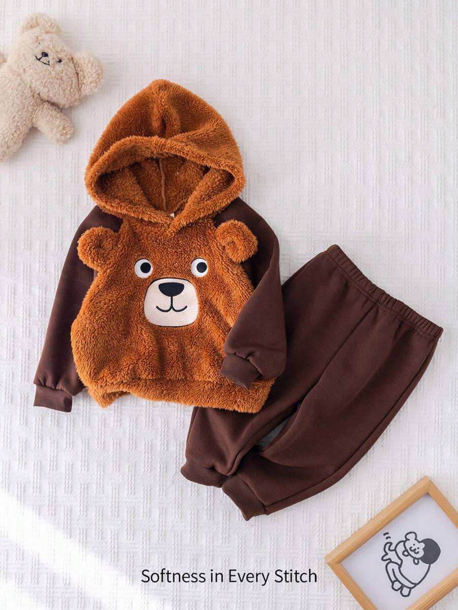 Cozy Pixies Bộ 2 món/Bộ áo nỉ trùm đầu tay raglan phối màu cho bé trai và quần jogger - Cà phê nâu - Xem 1