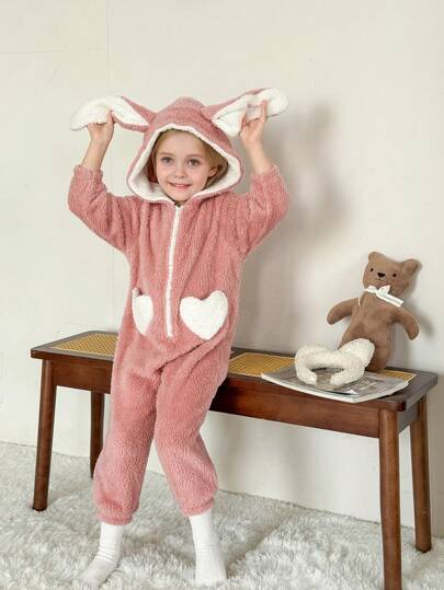 SHEIN LMoss Kids Young Girl Cute & Simple Ears Hooded Zip Front Heart Pocket Soft Comfortable Double-Sided Fleece Jumpsuit Loungewear