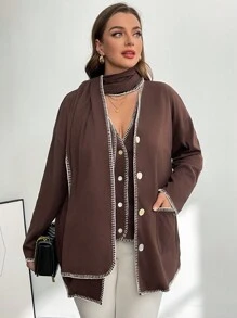SHEIN Privé Plus Size Women's Brown Scarf Vest&Long-Sleeved Cardigan 3-Piece Set,Autumn Winter Casual Office Fashion Loose Comfortable Thermal Coats Curve Tops - Brown - View 4