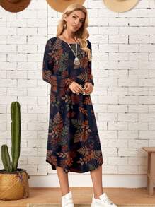 EMERY ROSE 休闲复古碎花图案针织斜口袋拱形下摆连衣裙，适合秋冬季 - 彩色 - 查看 4