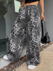 DAZY Jeans de pierna ancha y relajada con estampado todo sobre leopardo / estampado de guepardo para mujeres