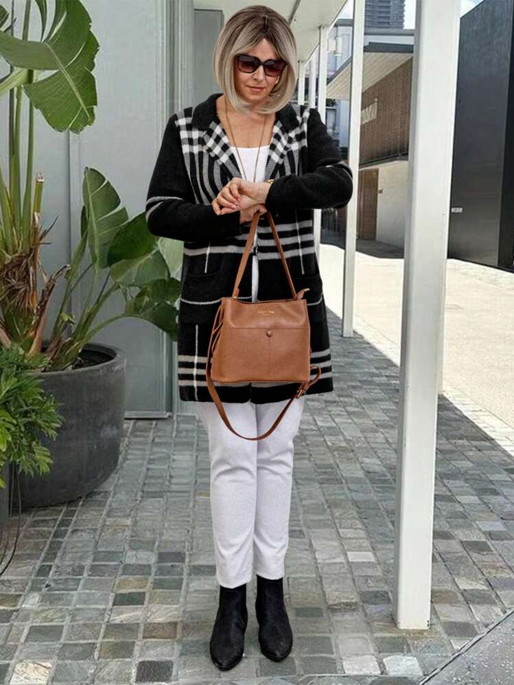 SHEIN LUNE Áo khoác len cardigan dài màu đen và trắng cho nữ mùa đông, tay dài - Nhiều màu - Xem 7